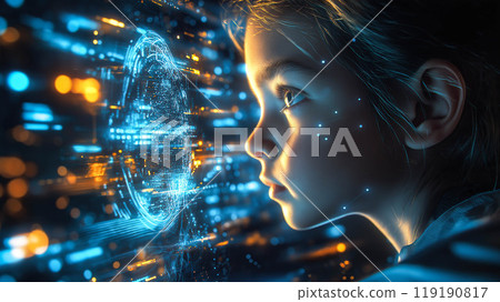 A young girl interacts with futuristic technology, filled with wonder and curiosity. The concept of advanced innovations and the future of learning. Generative AI. 119190817