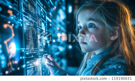 A young girl interacts with futuristic technology, filled with wonder and curiosity. The concept of advanced innovations and the future of learning. Generative AI. 119190831
