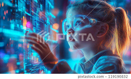 A young girl interacts with futuristic technology, filled with wonder and curiosity. The concept of advanced innovations and the future of learning. Generative AI. 119190832