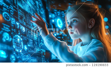 A young girl interacts with futuristic technology, filled with wonder and curiosity. The concept of advanced innovations and the future of learning. Generative AI. 119190833