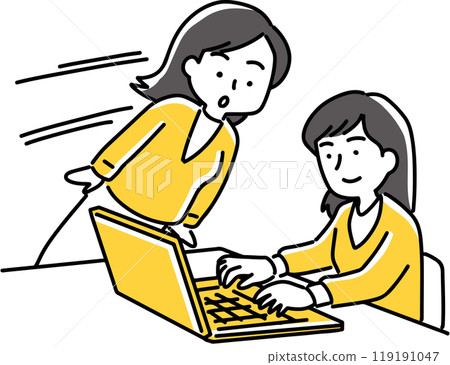 A woman peering at someone working 119191047