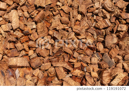 Brown coconut peel chopped nature Ingredient organic. Brown coconut peel chopped nature Ingredient organic. 119191072