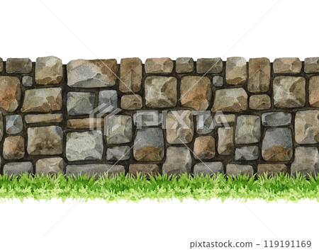 Solid stone wall with green grass element seamless border. Watercolor illustration. Painted rocky wall from various stones, rocks. Fence seamless border landscape element on white background Solid stone wall with green grass element seamless border. Watercolor illustration. Painted rocky wall from various stones, rocks. Fence seamless border landscape element on white background 119191169