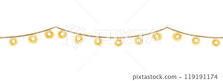 Light garland seamless border party decoration element. Watercolor illustration. Hand drawn garland of small glowing lights on white background 119191174