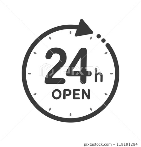 帶有“24 小時開放”字樣和旋轉箭頭的時鐘圖標 - 一個簡單的 24 小時開放標誌 帶有“24 小時開放”字樣和旋轉箭頭的時鐘圖標 - 一個簡單的 24 小時開放標誌 119191284