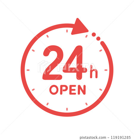帶有 24 小時開放文字和旋轉箭頭的時鐘圖示 - 簡單的 24 小時設計 119191285