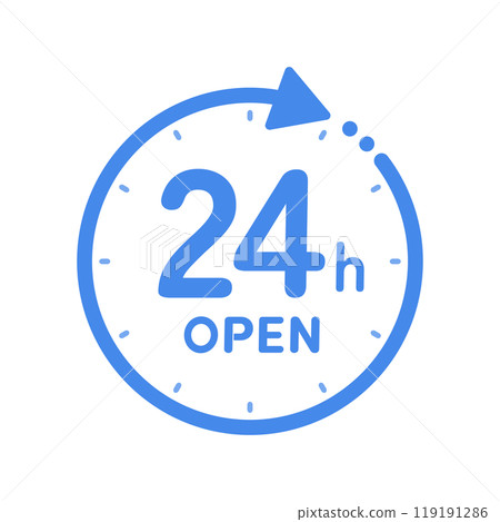 帶有 24 小時開放文字和旋轉箭頭的時鐘圖示 - 簡單的 24 小時設計 帶有 24 小時開放文字和旋轉箭頭的時鐘圖示 - 簡單的 24 小時設計 119191286