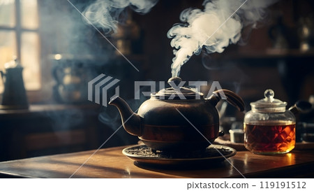 A Steaming Teapot Releasing Fragrant Smoke on a Wooden Table in a Cozy, Dimly Lit Room 119191512