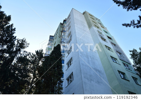 Perspective view of flat of blocks from Communist period, worn out concrete buildings in Eastern Europe 119192346