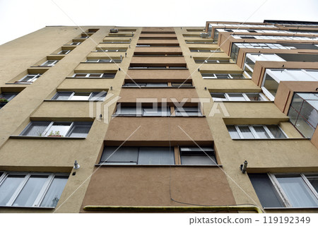 Perspective view of flat of blocks from Communist period, worn out concrete buildings in Eastern Europe Perspective view of flat of blocks from Communist period, worn out concrete buildings in Eastern Europe 119192349