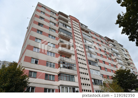 Perspective view of flat of blocks from Communist period, worn out concrete buildings in Eastern Europe Perspective view of flat of blocks from Communist period, worn out concrete buildings in Eastern Europe 119192350