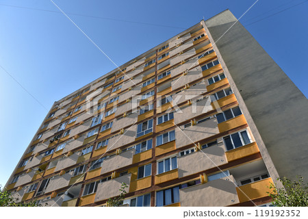 Perspective view of flat of blocks from Communist period, worn out concrete buildings in Eastern Europe 119192352