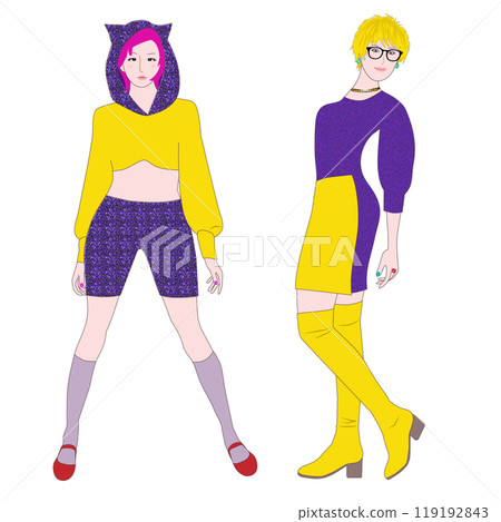 插圖顯示兩位時尚女性穿著顏色大膽的黃色和紫色衣服。 119192843