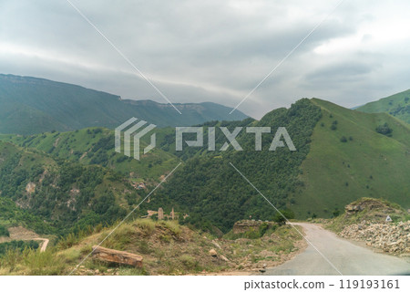 Caucasian mountain. Dagestan. Trees, rocks, mountains, view of the green mountains. Beautiful summer landscape. Caucasian mountain. Dagestan. Trees, rocks, mountains, view of the green mountains. Beautiful summer landscape. 119193161