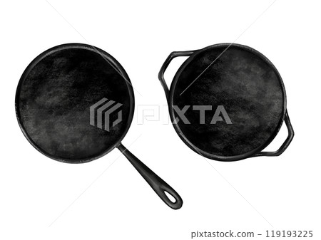 Cast iron pans top view, illustration on white background 119193225