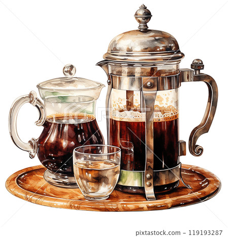 French press coffee maker with glass serving jug and cup on a wooden tray. watercolor style. 119193287