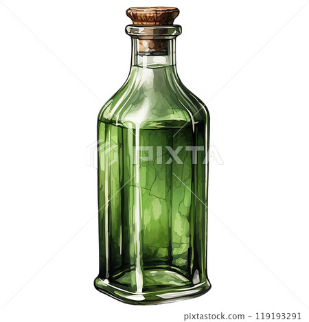 Green glass bottle filled with liquid, isolated on a white background. watercolor style. 119193291