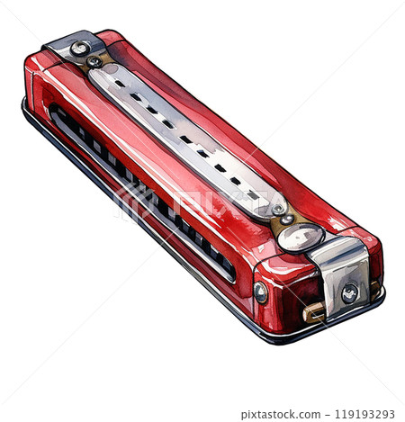 Red harmonica, detailed design on white isolated background. watercolor style. 119193293