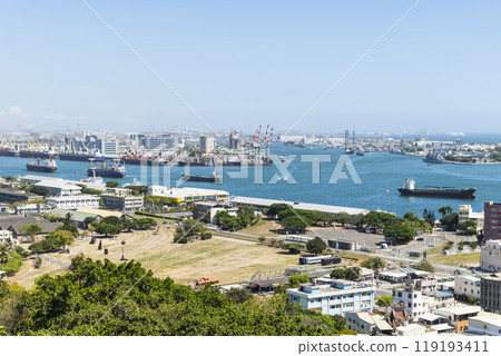 Overlooking the port of Kaohsiung and Hamasen Railway Cultural Park in Kaohsiung, Taiwan. Overlooking the port of Kaohsiung and Hamasen Railway Cultural Park in Kaohsiung, Taiwan. 119193411