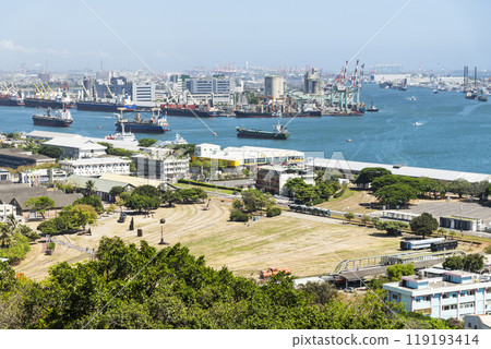 Overlooking the urban building landscape and Kaohsiung Harbor from the Shoushan Lovers' Viewing Platform of Kaohsiung, Taiwan. Overlooking the urban building landscape and Kaohsiung Harbor from the Shoushan Lovers' Viewing Platform of Kaohsiung, Taiwan. 119193414
