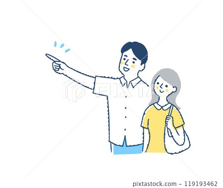 A man pointing into the distance and a woman looking in the direction A man pointing into the distance and a woman looking in the direction 119193462