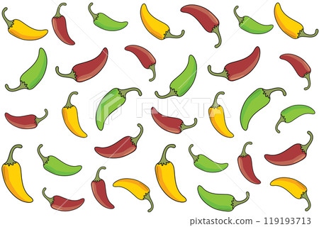 Illustration of red yellow and green chilli on white background. 119193713