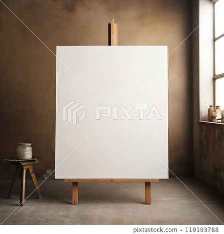 Blank Canvas on Easel in Art Studio Interior. Generative ai Blank Canvas on Easel in Art Studio Interior. Generative ai 119193788