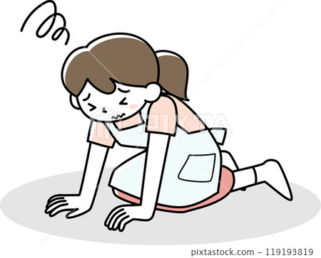 A woman wearing an apron kneeling down 119193819