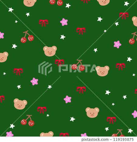 Christmas and New Year pattern with teddy bear, ribbon, cherry, stars on green background for festive wallpaper, backdrop, winter decoration, gift wrap, packaging, cozy blanket, paper, card print Christmas and New Year pattern with teddy bear, ribbon, cherry, stars on green background for festive wallpaper, backdrop, winter decoration, gift wrap, packaging, cozy blanket, paper, card print 119193875