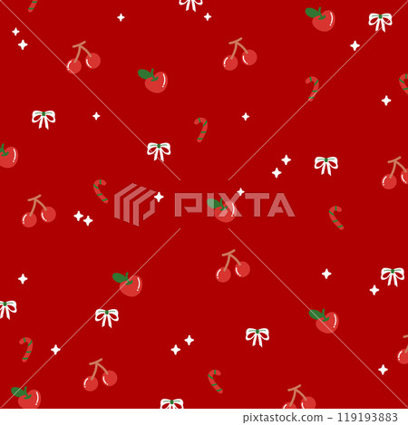 Christmas and New Year pattern with cherry, apple, candy cane, ribbon on red background for festive wallpaper, backdrop, winter decoration, gift wrap, packaging, blanket, paper design, card, fabric 119193883