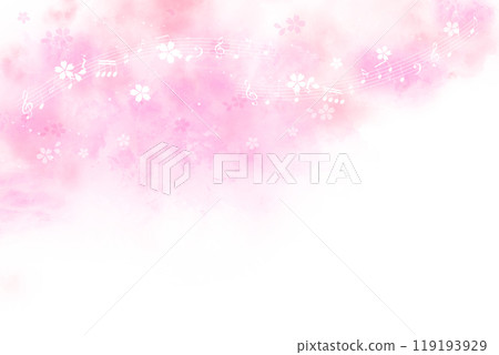 音符和舞動的櫻花花瓣（粉紅背景） 119193929