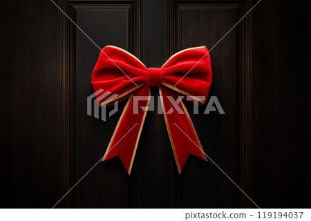 Festive red bow adorned with pinecones and greenery, set against a black background, showcasing Christmas holiday spirit Festive red bow adorned with pinecones and greenery, set against a black background, showcasing Christmas holiday spirit 119194037