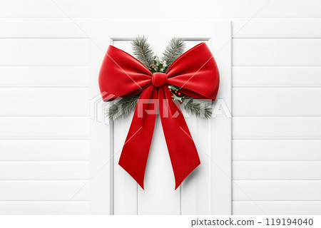 Festive red bow adorned with pinecones and greenery, set against a light background, showcasing Christmas holiday spirit Festive red bow adorned with pinecones and greenery, set against a light background, showcasing Christmas holiday spirit 119194040