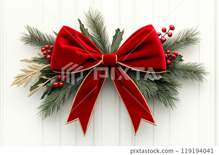 Festive red bow adorned with pinecones and greenery, set against a light background, showcasing Christmas holiday spirit 119194041