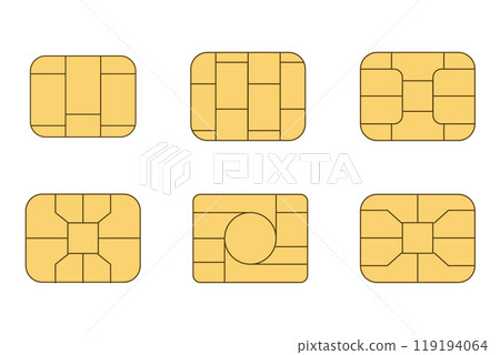 EMV chip icon set. Microchip for bank plastic credit or debit charge or sim card. Digital Nfc technology. Contactless payment at terminals and ATMs 119194064