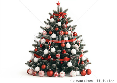 Christmas tree featuring red and white decorations, isolated on white background, celebrating the festive season 119194122