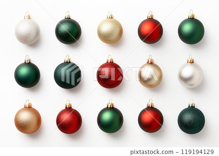 Collection of decorative Christmas ornaments in various styles and colors isolated on white background 119194129