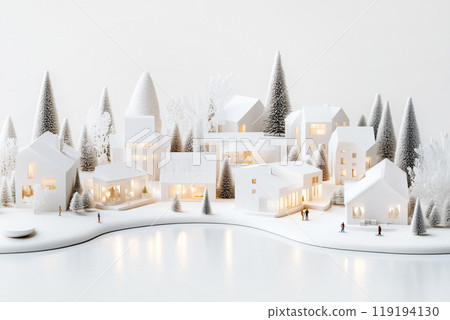 Diorama of picturesque winter village with small houses and snowy trees on a serene pond, Christmas atmosphere Diorama of picturesque winter village with small houses and snowy trees on a serene pond, Christmas atmosphere 119194130