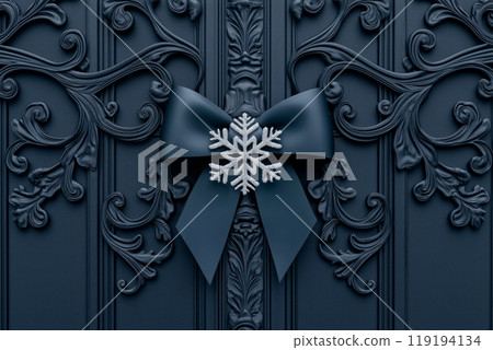 A decorative snowflake and bow on an ornate dark background, showcasing elegance and holiday spirit A decorative snowflake and bow on an ornate dark background, showcasing elegance and holiday spirit 119194134