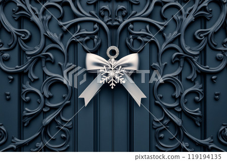 A decorative snowflake and bow on an ornate dark background, showcasing elegance and holiday spirit A decorative snowflake and bow on an ornate dark background, showcasing elegance and holiday spirit 119194135