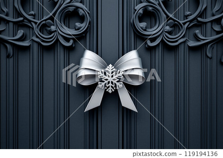 A decorative snowflake and bow on an ornate dark background, showcasing elegance and holiday spirit A decorative snowflake and bow on an ornate dark background, showcasing elegance and holiday spirit 119194136