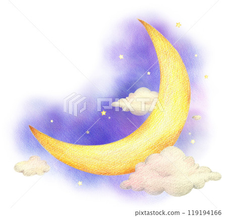 夜空月亮、星星和雲朵手繪色鉛筆畫 119194166