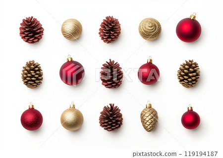 Festive arrangement of red ornaments and pinecones isolated on white background, Christmas and nature's beauty 119194187
