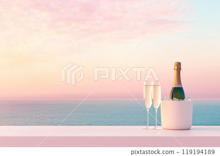 Champagne bottle in an ice bucket with two glasses at seaside view. Soft colors and serene background evoke celebration 119194189
