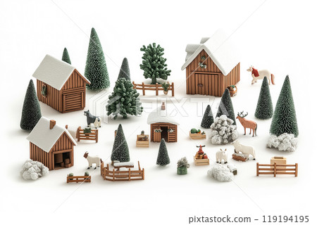 Miniature winter village with various houses, trees, and figurines on a white snowy background. Festive holiday decor 119194195