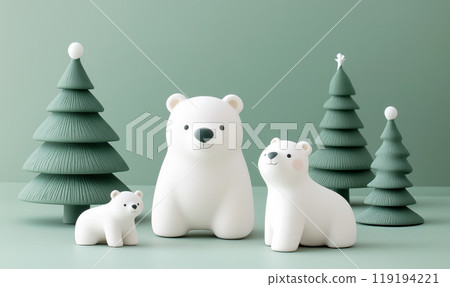 Polar bear figurines with Christmas trees on green background. Minimalist art style. Concept of winter holiday decor Polar bear figurines with Christmas trees on green background. Minimalist art style. Concept of winter holiday decor 119194221