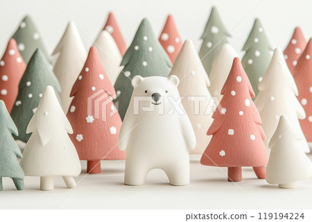 Polar bear figurines with Christmas trees on white background. Minimalist art style. Concept of winter holiday decor Polar bear figurines with Christmas trees on white background. Minimalist art style. Concept of winter holiday decor 119194224
