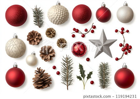 A variety of festive ornaments, pinecones, and foliage isolated on white background, Christmas Tree Decorations 119194231