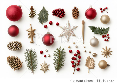 A variety of festive ornaments, pinecones, and foliage isolated on white background, Christmas Tree Decorations A variety of festive ornaments, pinecones, and foliage isolated on white background, Christmas Tree Decorations 119194232