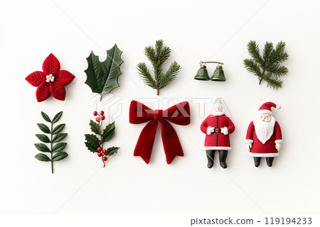 A variety of festive ornaments, pinecones, and foliage isolated on white background, Christmas Tree Decorations A variety of festive ornaments, pinecones, and foliage isolated on white background, Christmas Tree Decorations 119194233